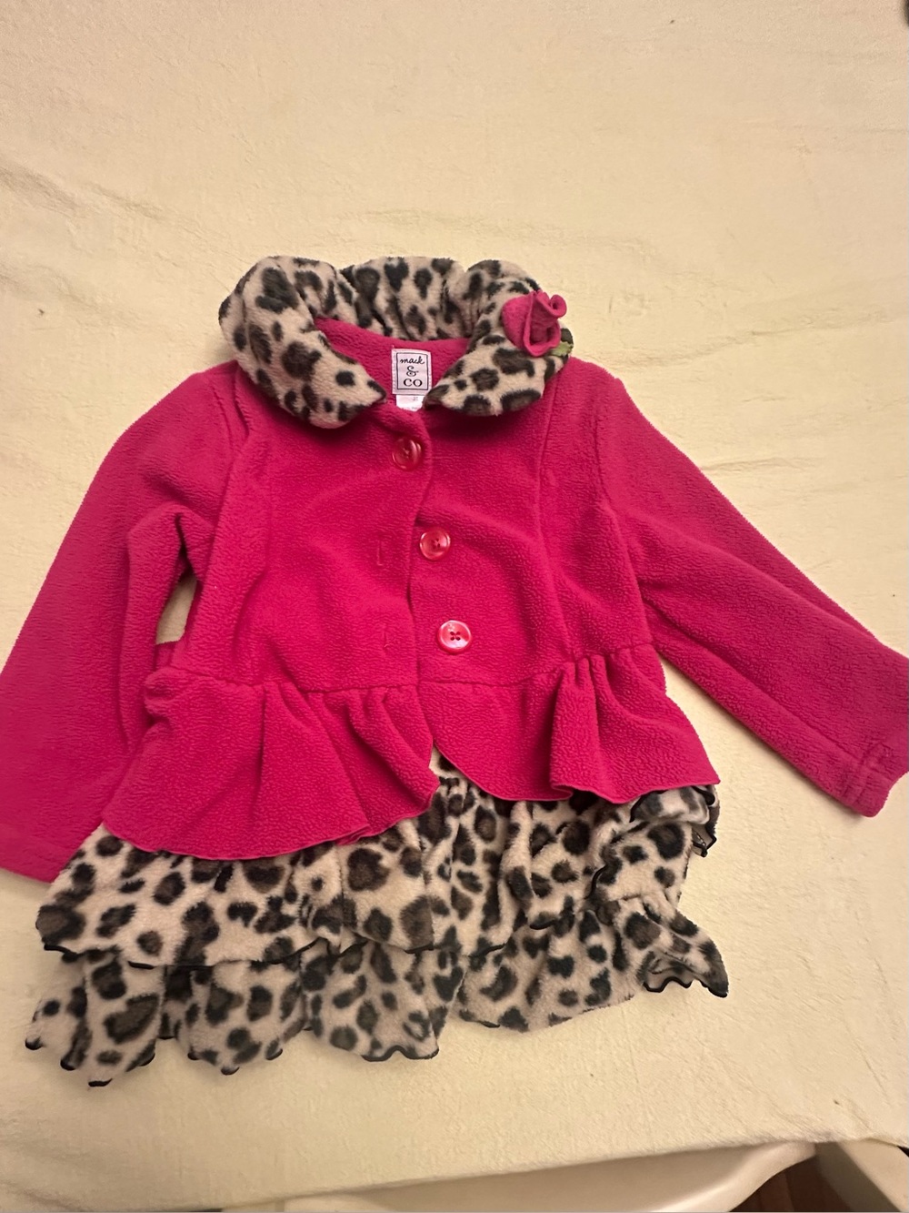 Mak & Co 3T Pink Fleece Peplum Coat with Leopard Ruffle Trim